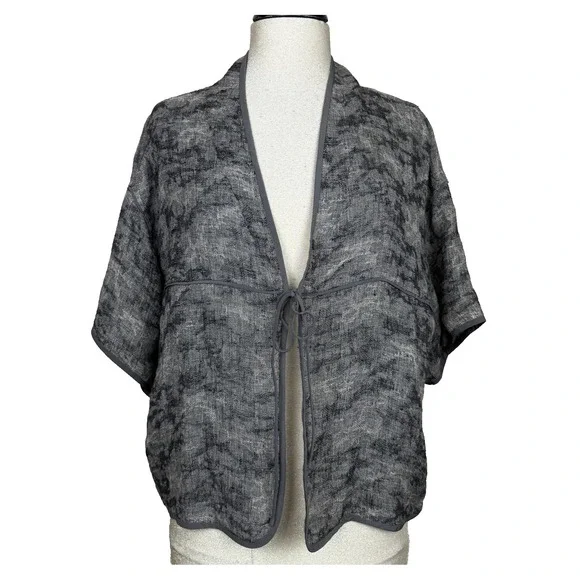 Eileen Fisher Jacket Womens Petite Large Gray Linen Silk Trim Kimono Tie Front - Picture 1 of 9